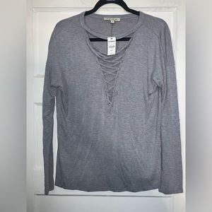 NWT Express one eleven gray lace‎ up v neck long sleeve tee size XS